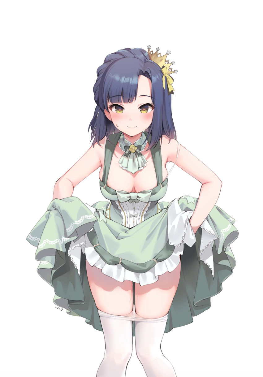 1girl asymmetrical_bangs bangs blunt_bangs blush breasts breasts_apart clothes_pull crown dark_blue_hair dress feet green_dress hand_under_clothes heart heart-shaped_pupils highres idolmaster idolmaster_million_live! large_breasts looking_at_viewer nanao_yuriko nys pantyhose pantyhose_pull simple_background sleeveless sleeveless_dress smile solo strap_slip symbol-shaped_pupils white_background white_pantyhose