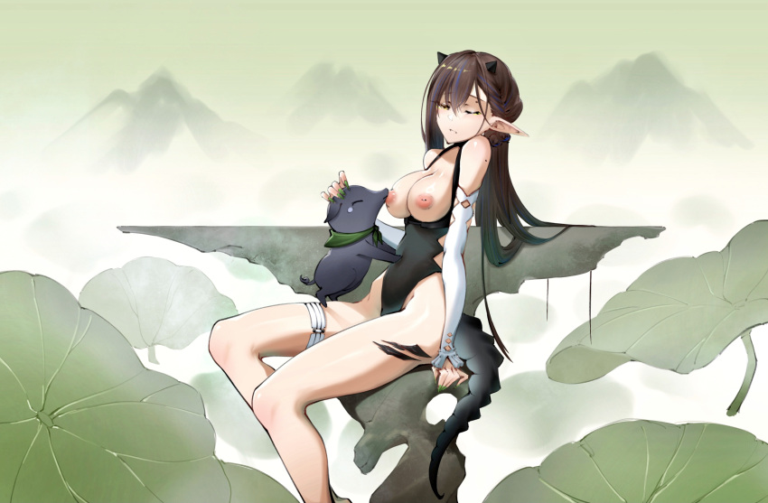 1girl absurdres arknights arm_support baku_(creature) bestiality black_hair black_swimsuit blacknight_(arknights) blacknight_(summer_flowers)_(arknights) casual_one-piece_swimsuit clothes_pull creature detached_sleeves flower ghosty_(xiaobai) green_nails highres inverted_nipples long_hair lotus mole_above_eye multicolored_hair one-piece_swimsuit oripathy_lesion_(arknights) pointy_ears swimsuit swimsuit_pull thigh_strap