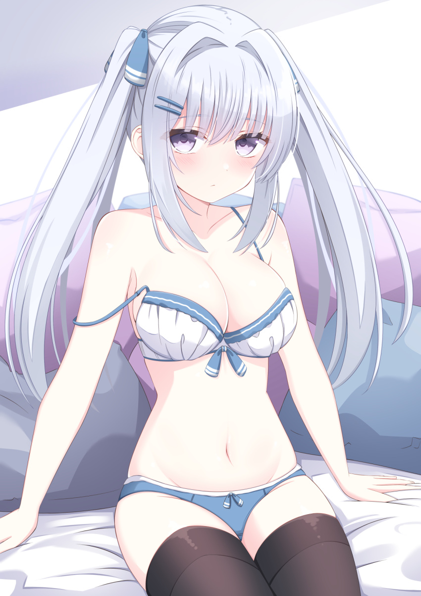 1girl blue_panties bra breasts grey_eyes highres long_hair looking_at_viewer navel on_bed original panties sitting sitting_on_bed solo stomach suzunashi_rei thighs twintails underwear white_bra white_hair