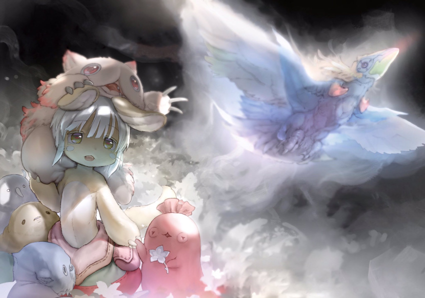 2others animal_ears bad_link bird cover creature feathered_wings flying furry highres hug looking_at_another lying made_in_abyss mitty_(made_in_abyss) multiple_others nanachi_(made_in_abyss) official_art on_side open_mouth rabbit_ears red_eyes short_hair tail tsukushi_akihito whiskers white_hair wings yellow_eyes