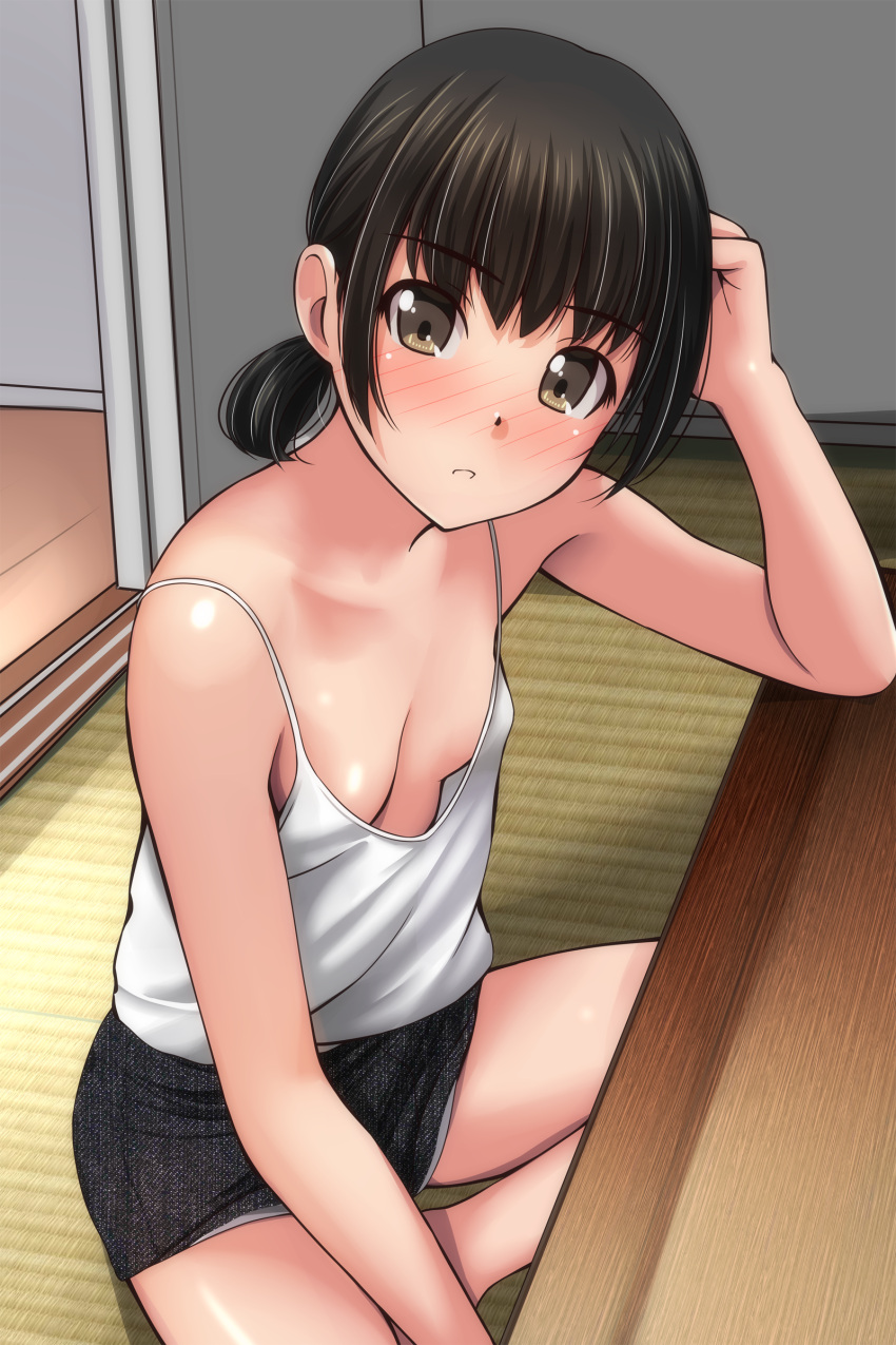 1girl absurdres bangs bare_arms bare_shoulders black_hair black_shorts blush breasts brown_eyes camisole collarbone downblouse hand_up highres looking_at_viewer low_ponytail matsunaga_kouyou nose_blush on_floor original parted_lips ponytail short_shorts shorts sidelocks sitting small_breasts solo table tatami white_camisole