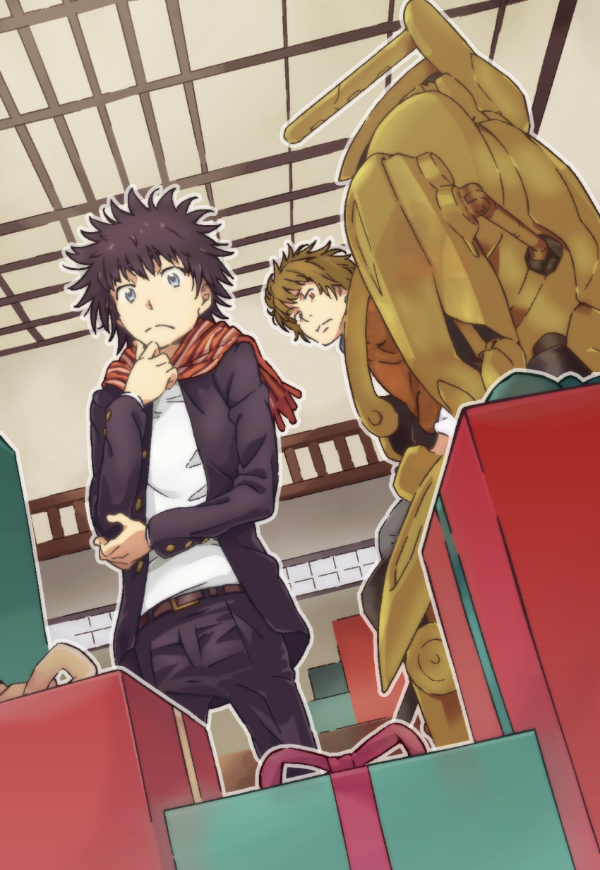 2boys belt black_hair black_jacket black_pants box brown_belt brown_eyes brown_hair brown_jacket closed_mouth colorized commentary externally_piloted_mecha feet_out_of_frame from_below from_side gazing_eye gift gift_box grey_pants haimura_kiyotaka hamazura_shiage hand_up highres indoors jacket kamijou_touma long_sleeves looking_at_viewer looking_down looking_to_the_side machinery mecha multiple_boys novel_illustration official_art open_clothes open_jacket orange_scarf pants robot scarf science_fiction shirt short_hair spiked_hair spoilers standing toaru_majutsu_no_index toaru_majutsu_no_index:_new_testament white_shirt