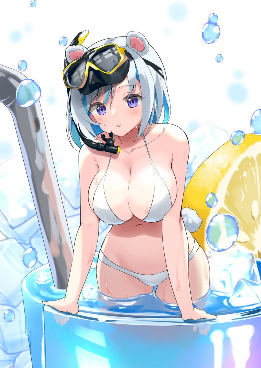 1girl animal_ears arm_support bangs bear_ears bear_girl bear_tail bendy_straw bikini blue_eyes blue_hair breasts cleavage commentary_request copyright_request cup drink drinking_straw food fruit goggles goggles_on_head grey_hair hair_between_eyes highres in_container in_cup korean_commentary kutata large_breasts lemon lemon_slice minigirl multicolored_hair navel parted_lips snorkel solo swimsuit tail two-tone_hair white_bikini