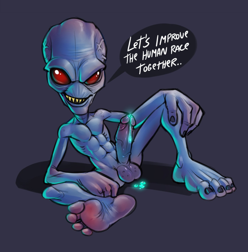 alien alien_humanoid balls bodily_fluids crypto cum destroy_all_humans! erection genital_fluids genitals glowing glowing_cum grin hi_res humanoid humanoid_genitalia humanoid_penis imptrash looking_at_viewer male penis red_eyes roswell_grey smile solo unusual_bodily_fluids unusual_cum unusual_genital_fluids