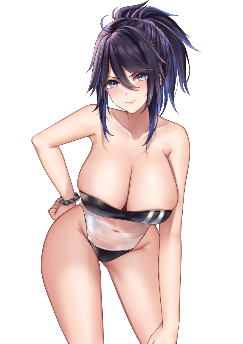 1girl absurdres bead_bracelet beads black_hair blue_hair blush bracelet breasts gris_swimsuit hand_on_own_knee highres indie_virtual_youtuber jewelry kson large_breasts leaning_forward lips long_hair looking_at_viewer meme_attire multicolored_hair nyctea_snow one-piece_swimsuit souchou streaked_hair swimsuit thighs virtual_youtuber white_background