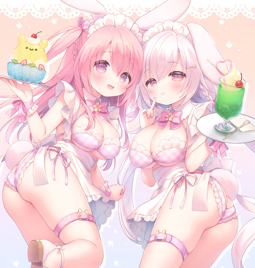 2girls animal_ears apron ass bangs bikini braid breasts cherry cleavage commentary_request crazy_straw drinking_straw food frilled_apron frills fruit hair_between_eyes hair_ornament hairclip heart_straw highres holding holding_tray ice_cream ice_cream_float large_breasts long_hair maid_headdress multiple_girls original pink_hair plaid plaid_bikini purple_bikini rabbit_ears rabbit_girl rabbit_tail red_eyes sakura_(usashiro_mani) spoon swimsuit tail tray twisted_torso usashiro_mani very_long_hair white_apron white_hair wrist_cuffs