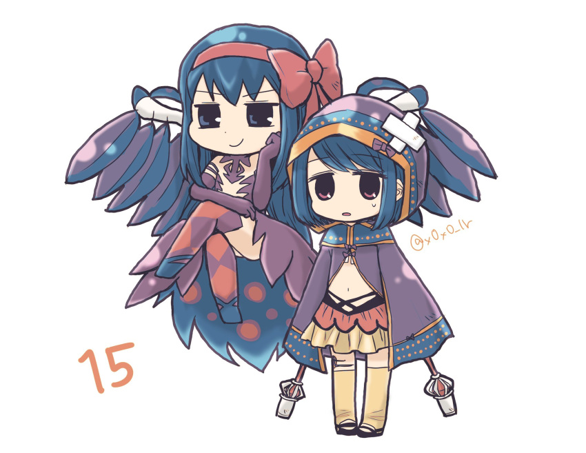 &gt;:) 2girls akemi_homura akuma_homura alternate_color argyle_thighhighs bandaid bandaid_on_head bangs baton_(weapon) black_footwear blue_eyes blue_footwear blue_hair bow chibi clenched_hand cloak closed_mouth crossed_legs dot_nose dress elbow_gloves floating frilled_skirt frills full_body gloves hair_bow highres hood hood_up hooded_cloak jitome kuroe_(madoka_magica) legs_apart long_hair magia_record:_mahou_shoujo_madoka_magica_gaiden magical_girl mahou_shoujo_madoka_magica mahou_shoujo_madoka_magica_movie midriff multicolored_cloak multiple_girls navel no_nose orange_skirt papa_(shimeguru)_(style) parted_lips purple_bow purple_cloak purple_dress purple_eyes purple_gloves purple_thighhighs purple_wings red_bow rioran shoes short_hair signature simple_background skirt smile smug standing sweat swept_bangs thighhighs thighlet twitter_username two-sided_dress two-sided_fabric v-shaped_eyebrows weapon white_background wings yellow_thighhighs
