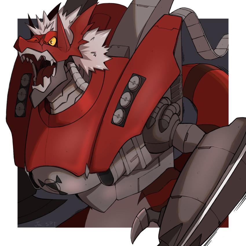 armor black_background character_request colored_sclera digimon digimon_(creature) grey_background grey_hair highres horns jaime_(jai_spt) open_mouth orange_sclera outside_border red_eyes sharp_teeth shiny shiny_hair teeth upper_body wargrowlmon watermark