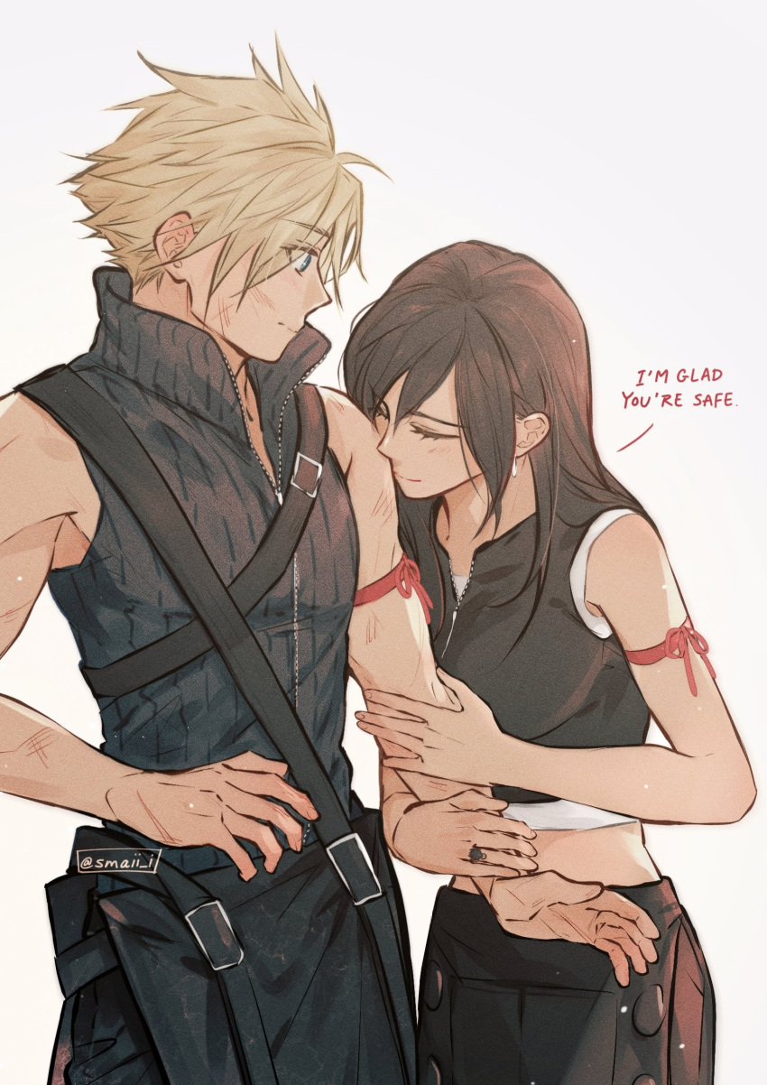 1boy 1girl apron arm_hug arm_ribbon bangs bare_shoulders belt black_hair blonde_hair bruise cloud_strife couple crop_top earrings english_text final_fantasy final_fantasy_vii final_fantasy_vii_advent_children high_collar highres holding_another's_arm injury jewelry long_hair looking_at_viewer maiii_(smaii_i) ribbon ring simple_background spiked_hair text_focus tifa_lockhart waist_apron