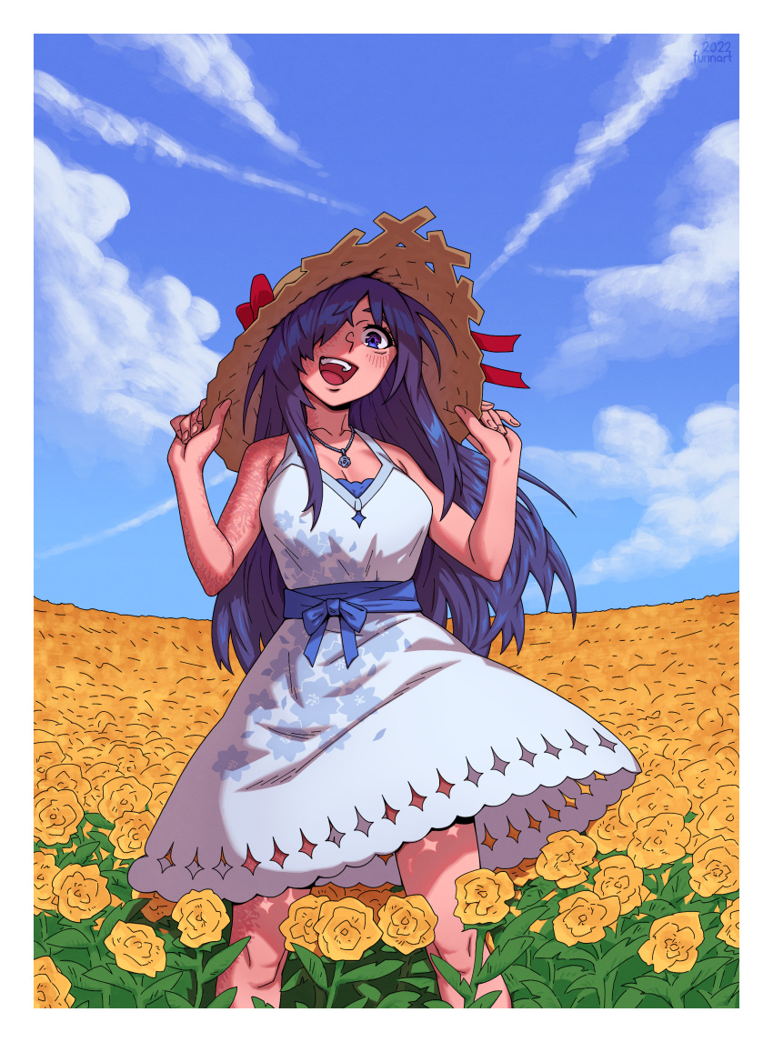 1girl :d absurdres blue_eyes blue_hair blue_sky bow burn_scar cloud day dress english_commentary field floral_print flower flower_field furin94 hair_over_one_eye happy hat hat_bow highres ikezawa_hanako jewelry katawa_shoujo necklace outdoors red_bow scar scar_on_arm scar_on_face sky smile standing straw_hat sun_hat sundress white_dress yellow_flower