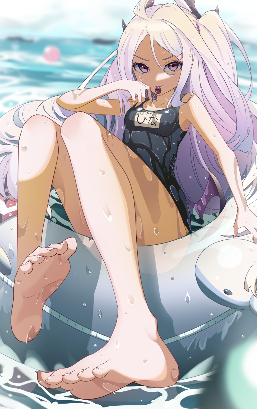 1girl absurdres afloat ahoge bangs barefoot blue_archive blue_swimsuit blurry commentary_request demon_girl demon_horns demon_wings depth_of_field hair_ornament hairclip highres hina_(blue_archive) hina_(swimsuit)_(blue_archive) horns innertube kuwa_za long_hair looking_at_viewer mouth_hold name_tag ocean old_school_swimsuit one_side_up parted_bangs purple_eyes school_swimsuit sidelocks sleeveless soles solo swimsuit toes translation_request wet whistle whistle_around_neck whistling white_hair wings