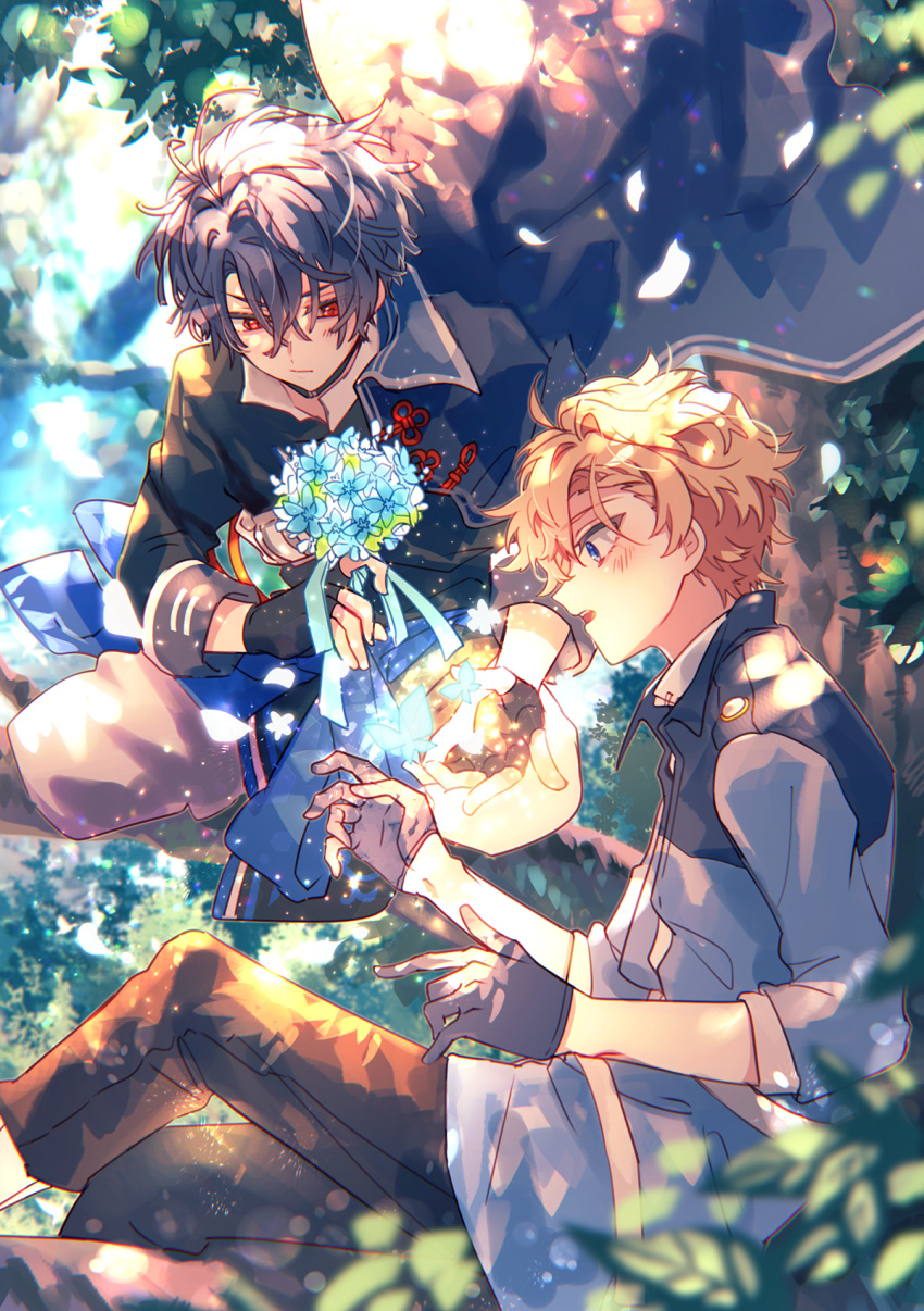 2boys black_hair blonde_hair blue_eyes blush bouquet facing_to_the_side fingerless_gloves flower gloves heathcliff_blanchett highres long_sleeves looking_down looking_to_the_side mahoutsukai_no_yakusoku male_focus multiple_boys naruta_iyo red_eyes shino_sherwood short_hair