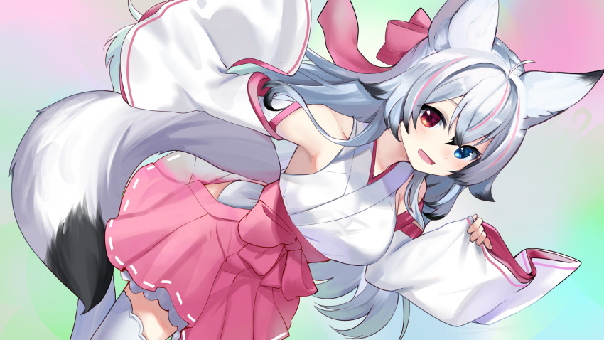 1girl :d ahoge animal_ears armpits bare_shoulders blue_eyes bow breasts detached_sleeves fox_ears fox_girl fox_tail hair_bow hand_up heterochromia highres hip_vent japanese_clothes kimono large_breasts long_sleeves miko miniskirt open_mouth original pink_skirt pleated_skirt red_eyes skirt smile solo tail thighhighs white_kimono white_thighhighs wide_sleeves yoshizawa_tsubaki zettai_ryouiki