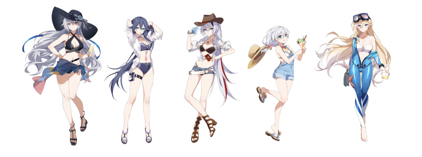5girls :q absurdres bangs bare_legs bare_shoulders barefoot bianka_durandal_ataegina bikini black_bikini black_headwear blonde_hair blue_bikini blue_bodysuit blue_eyes blue_hair bodysuit breasts brown_bikini brown_headwear card cleavage closed_mouth cup drinking_glass floating_hair flower food full_body goggles goggles_on_head grey_eyes grey_hair gun hair_between_eyes hair_ribbon hair_tie_in_mouth halterneck hat hat_flower hat_ribbon highleg highleg_bikini highres holding holding_card holding_cup holding_gun holding_weapon honkai_(series) honkai_impact_3rd ice_cream large_breasts long_hair medium_breasts micro_shorts mouth_hold multicolored_hair multiple_girls off_shoulder open_clothes open_shirt overall_shorts overalls ponytail red_hair revolver ribbon sandals sarong shirt shorts simple_background slyvia smile starfish strapless strapless_bikini streaked_hair sun_hat swimsuit thigh_strap tongue tongue_out tying_hair very_long_hair weapon white_background white_bikini white_hair white_shirt