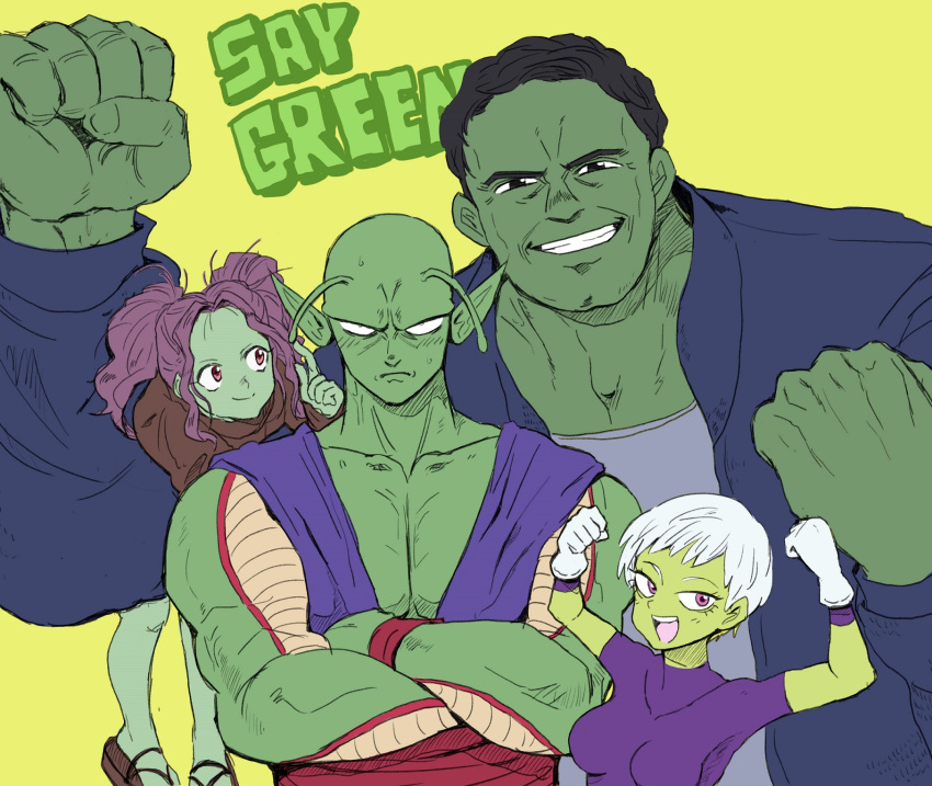 2boys 2girls antennae avengers_(series) bald black_hair blue_shirt bodysuit brown_shirt cheelai color_connection colored_skin crossed_arms dragon_ball dragon_ball_super dragon_ball_super_broly english_text gamora green_background green_skin guardians_of_the_galaxy height_difference highres hulk long_sleeves looking_at_viewer marvel marvel_cinematic_universe multiple_boys multiple_girls noppow piccolo pointy_ears purple_bodysuit purple_eyes purple_hair sandals shirt short_sleeves simple_background upper_body white_hair