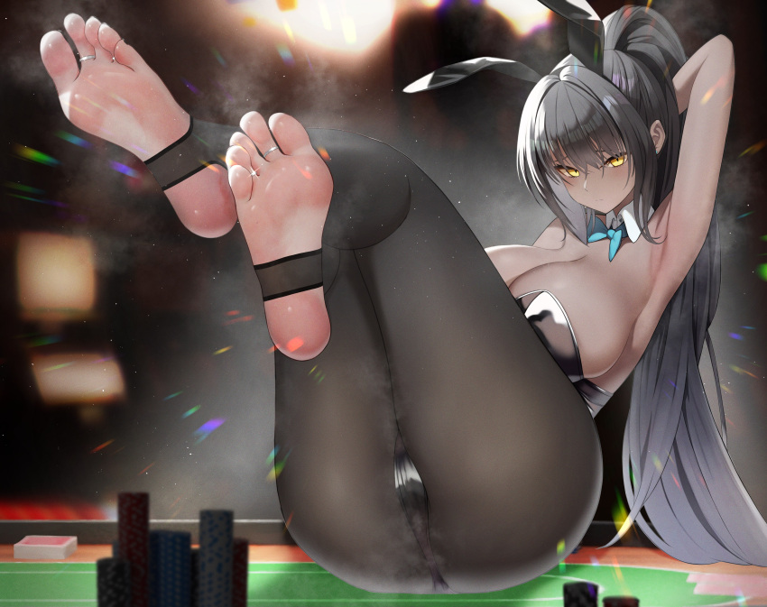 1girl absurdres animal_ears arm_behind_head armpits ass bangs black_hair black_leggings black_leotard blue_archive blue_bow blue_bowtie blurry blurry_background bow bowtie breasts card cleavage crossed_legs dark-skinned_female dark_skin deck_of_cards detached_collar fake_animal_ears feet foot_focus foot_hold full_body furrowed_brow hair_between_eyes highres holding holding_card jewelry karin_(blue_archive) karin_(bunny)_(blue_archive) large_breasts leggings legs_up leotard long_hair looking_at_viewer no_shoes official_alternate_costume on_table playboy_bunny poker_chip poker_table ponytail rabbit_ears shiny shiny_skin sidelocks soles solo steaming_body stirrup_legwear strapless strapless_leotard sweat table thighs toe_ring toeless_legwear toes traditional_bowtie ursica very_long_hair yellow_eyes