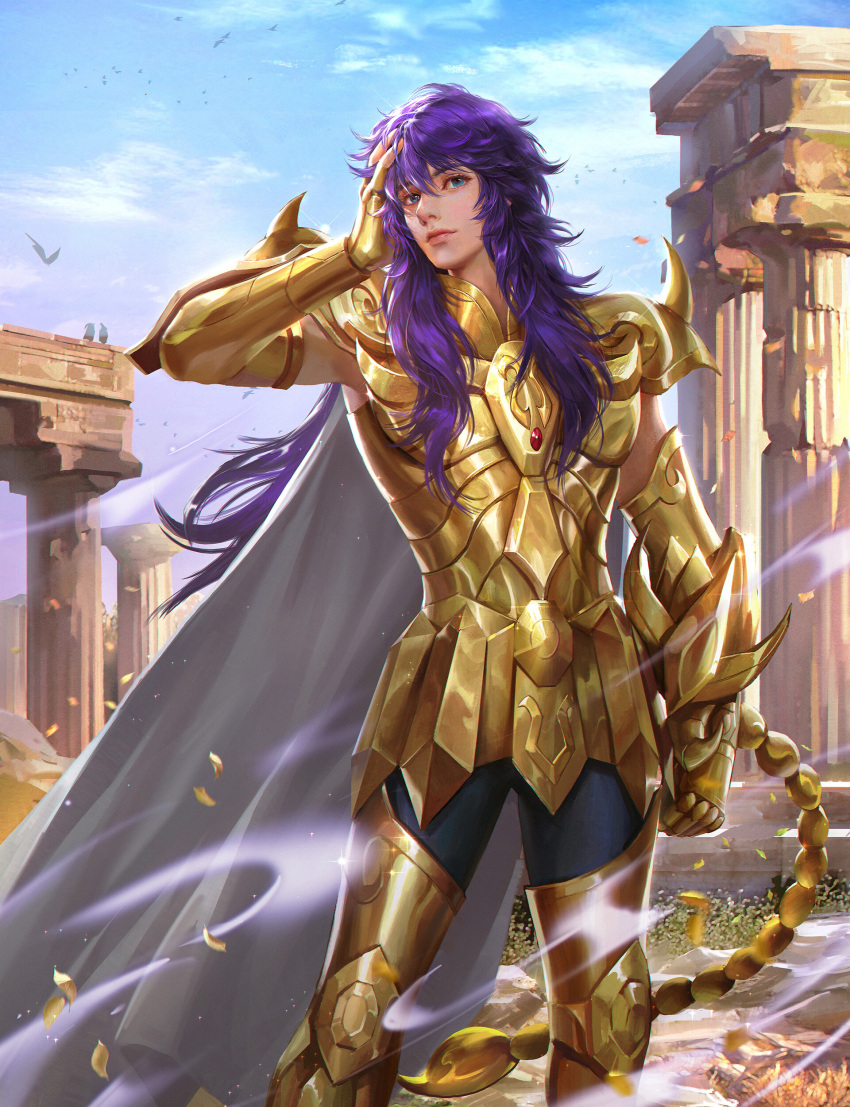 1boy absurdres armor armored_boots bangs bishounen black_pants blue_eyes boots cdash817 floating_hair gauntlets hair_between_eyes hand_in_own_hair highres long_hair looking_at_viewer male_focus outdoors pants purple_hair saint_seiya scorpio_milo shiny shiny_hair shoulder_armor solo very_long_hair