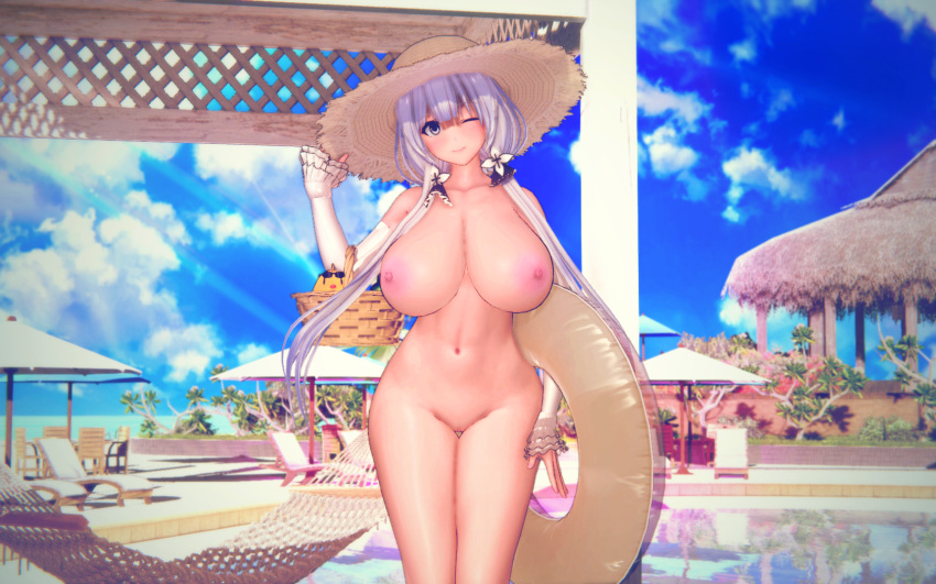 1girl 3d azur_lane basket blue_eyes blue_sky breasts cloud completely_nude cowboy_shot elbow_gloves gloves hair_ribbon hammock hat highres holding holding_basket huge_breasts illustrious_(azur_lane) innertube koikatsu_(medium) lusyer manjuu_(azur_lane) navel nipples nude ocean one_eye_closed palm_tree patio_chair patio_umbrella pussy ribbon sky solo straw_hat sun_hat tree tress_ribbon uncensored white_gloves white_hair