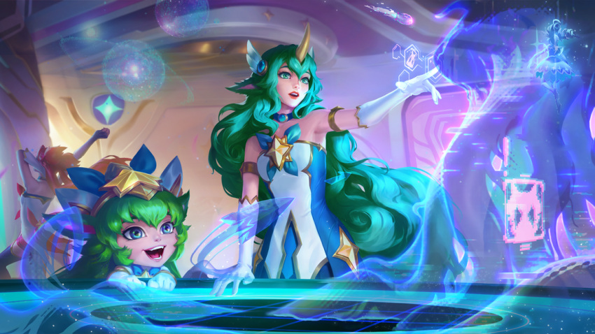 3girls :d armpits artist_request bangs bare_shoulders black_thighhighs blue_bow blue_bowtie bow bowtie dress drill_hair fangs gloves green_eyes green_hair hair_ornament horns jinx_(league_of_legends) legends_of_runeterra long_hair lulu_(league_of_legends) monster multiple_girls official_art open_mouth pointing red_hair shiny shiny_hair shirt single_horn smile soraka_(league_of_legends) spacecraft_interior star_(symbol) star_guardian_(league_of_legends) star_guardian_jinx star_guardian_lulu star_guardian_soraka teeth thighhighs tongue twin_drills twintails upper_teeth white_gloves white_shirt yordle