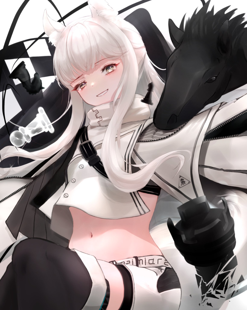 1girl animal_ears arknights bangs black_footwear boots chess_piece crop_top cropped_jacket grey_eyes grin head_tilt highres horse_ears jacket knight_(chess) long_hair long_sleeves looking_at_viewer midriff navel pawn_(chess) pegasus platinum_(arknights) roki@ rook_(chess) short_shorts shorts simple_background sitting smile solo stomach thigh_boots white_background white_hair white_jacket white_shorts