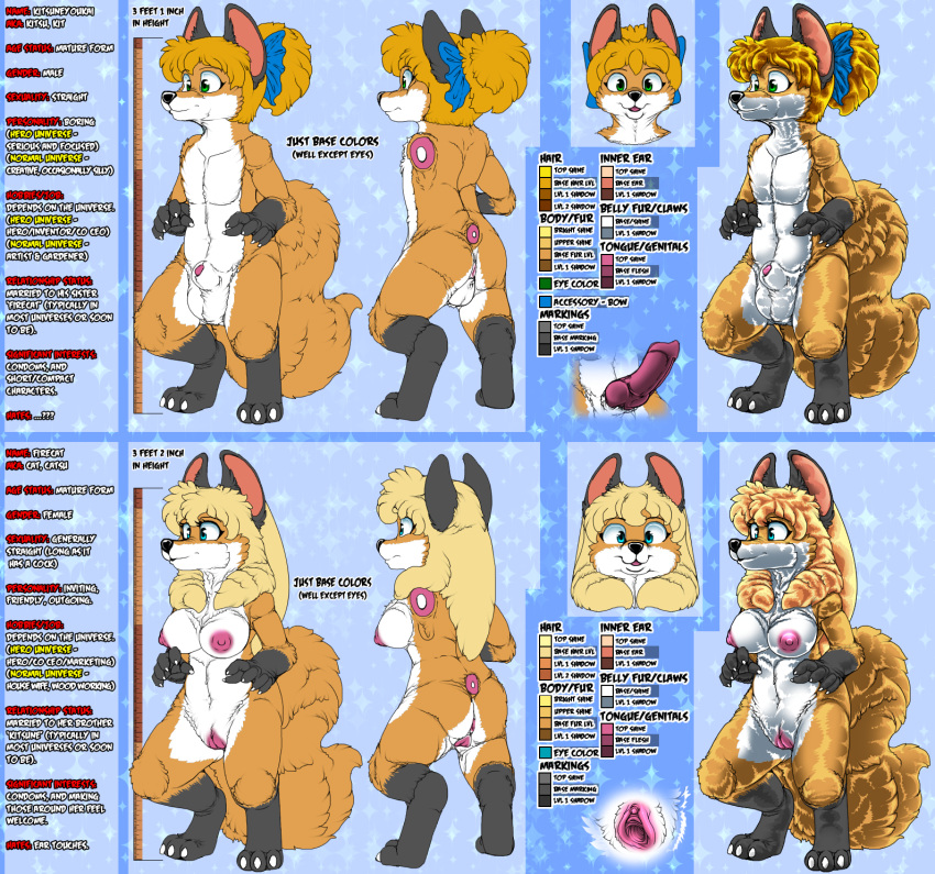 2022 3_toes 5_fingers accessory animal_genitalia animal_penis anthro anus areola arm_markings balls biped black_ears black_markings black_nose blonde_hair blue_bow blue_eyes blue_ribbon bow_ribbon breasts brown_body brown_fur butt canid canine canine_penis character_name claws clitoris color_swatch countershade_face countershade_legs countershade_neck countershade_torso countershading digital_media_(artwork) english_text erection eyelashes facial_tuft feet female finger_claws fingers firecat fluffy fluffy_tail fox fully_sheathed fur genitals gloves_(marking) green_eyes hair hair_accessory hair_bow hair_ribbon hi_res humanoid_genitalia humanoid_pussy information kit_(kitsune_youkai) kitsune_youkai knot leg_markings long_hair male mammal markings measurements model_sheet multicolored_body multicolored_fur nipples nude open_mouth penis pink_areola pink_inner_ear plushie-like ponytail pussy ribbons shaded sheath smile socks_(marking) sparkling_background text tied_hair toe_claws toes white_body white_claws white_countershading white_fur