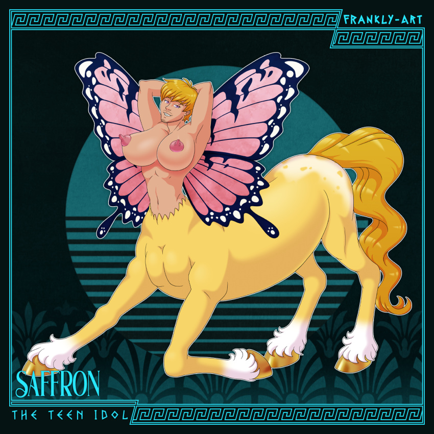 abs arthropod beard blonde_hair breasts butterfly centaur equid equid_taur equine facial_hair fairy frankly-art gold_(metal) gold_hooves hair hi_res hooves humanoid humanoid_taur insect kneeling lepidopteran lepidopteran_wings mammal mammal_taur navel nipples pegasus pegasus_taur pholus_reborn pose presenting presenting_breasts saffron_(pholus_reborn) smile solo stretching stubble taur waist wings yellow_tail