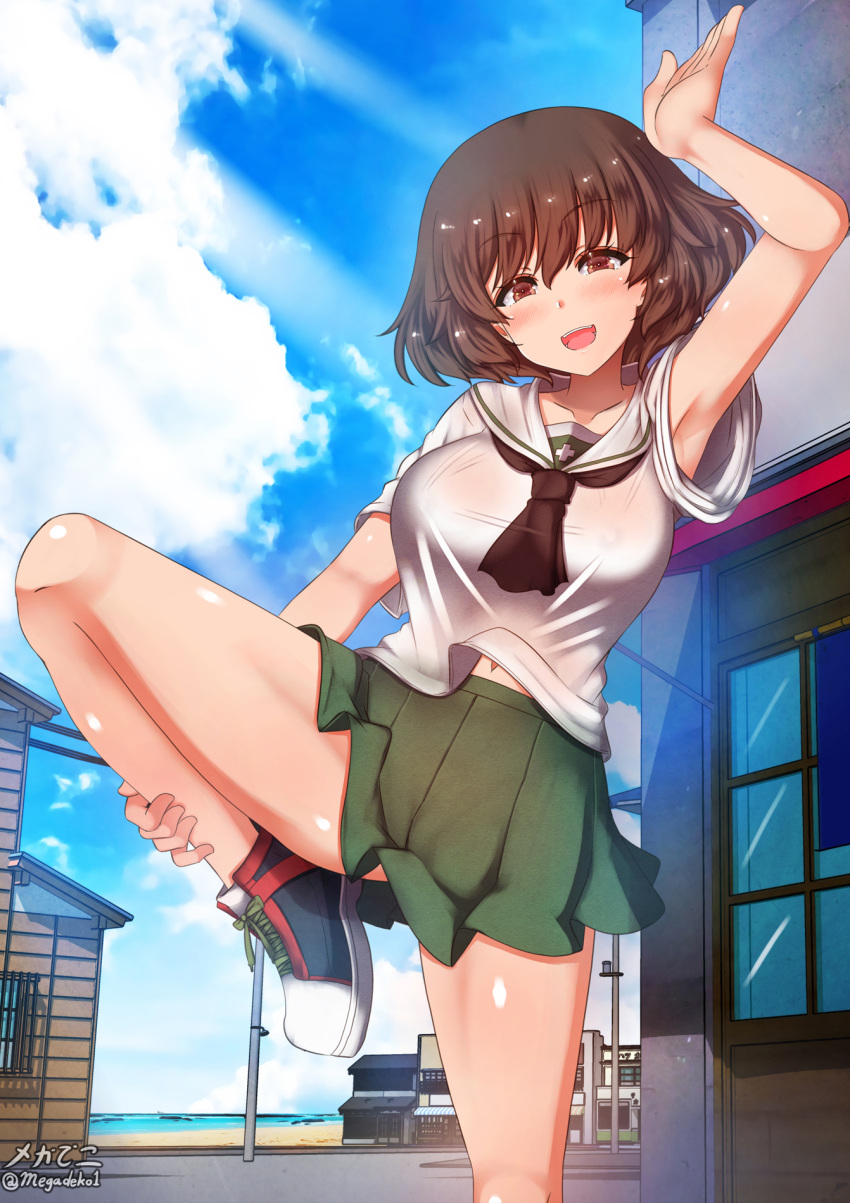 1girl akiyama_yukari aquaegg armpits blush breasts brown_eyes brown_hair collarbone covered_nipples eyebrows_hidden_by_hair girls_und_panzer green_skirt highres large_breasts looking_at_viewer miniskirt navel ooarai_school_uniform open_mouth outdoors pleated_skirt school_uniform shiny shiny_hair shiny_skin short_hair skirt sky smile solo