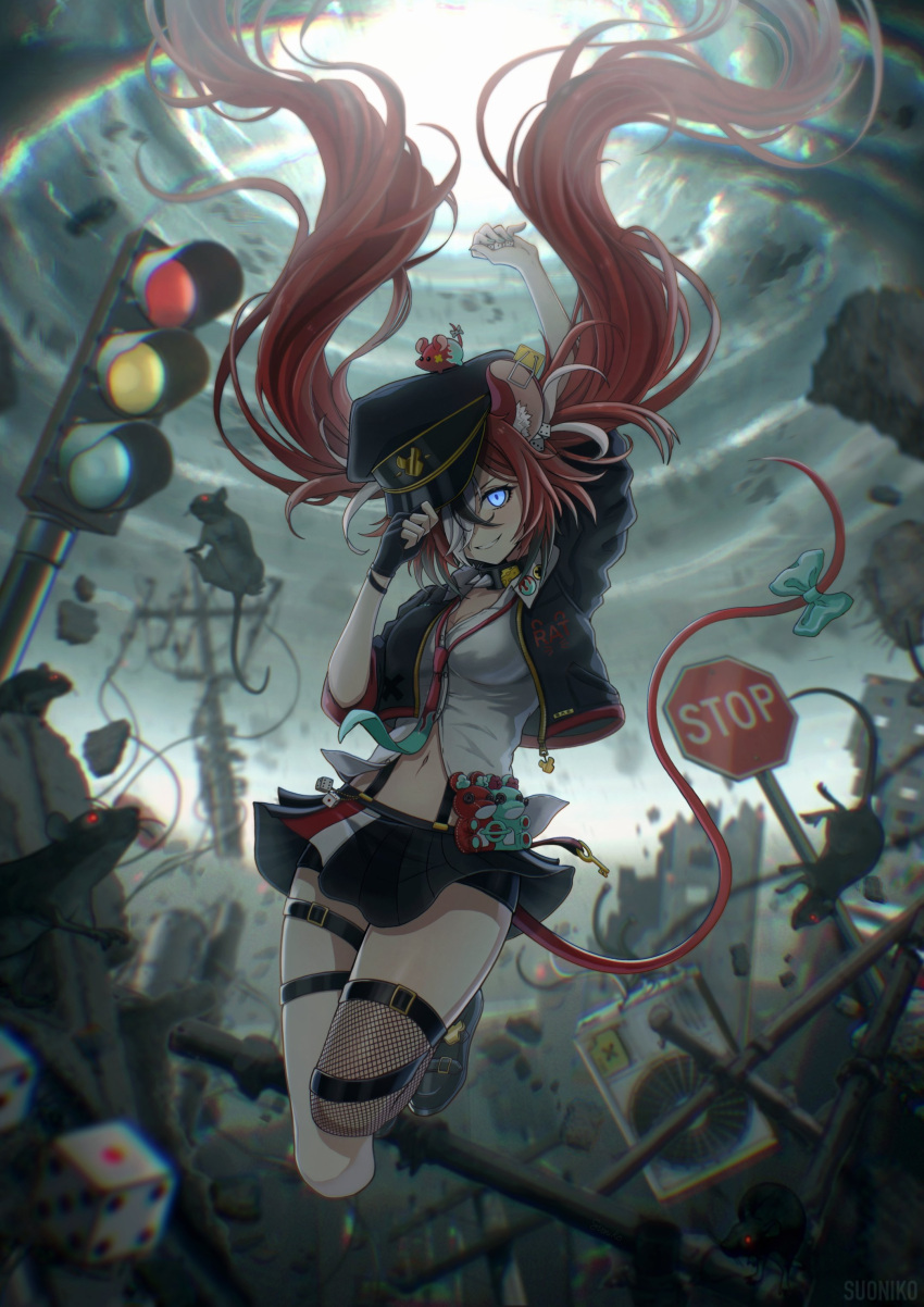 1girl absurdres animal_ears black_jacket blue_eyes bow dice fishnet_legwear fishnets glowing glowing_eye grey_sky hair_over_one_eye hakos_baelz hat highres hololive hololive_english jacket long_hair military_hat miniskirt mouse mouse_ears mouse_tail mr._squeaks_(hakos_baelz) navel necktie red_hair road_sign ruins sign single_thighhigh skirt smile stop_sign suoniko suspender_skirt suspenders tail tail_bow tail_ornament thigh_strap thighhighs traffic_light twintails utility_pole very_long_hair virtual_youtuber