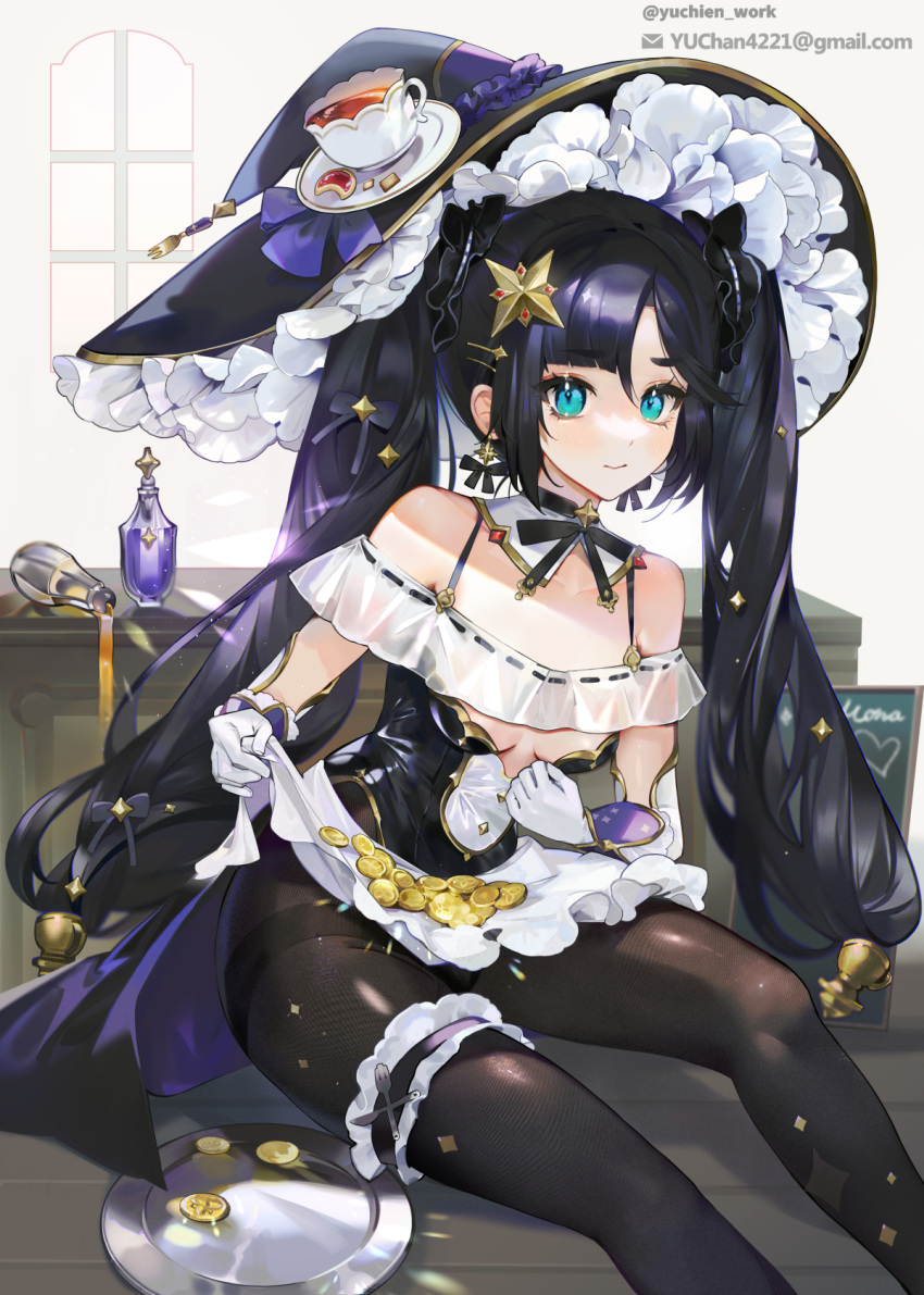 black_hair black_headwear black_leotard black_pantyhose bodysuit breasts coin commentary_request cookie cup earrings elbow_gloves food fork genshin_impact gloves gold_trim green_eyes hair_ornament hat hat_ornament highleg highleg_leotard highres holding holding_clothes jewelry knife leotard long_hair looking_at_viewer maid maid_headdress mona_(genshin_impact) pantyhose plate ribbon ribbon_earrings scrunchie see-through sitting sleeveless small_breasts star_(symbol) strapless strapless_leotard teacup thigh_strap thighband_pantyhose twintails waist_cape white_gloves witch_hat yu_chien_(yuchien4221)