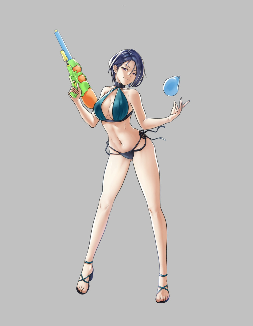 1girl alternate_costume ass_visible_through_thighs bare_legs bikini black_bikini blue_hair breasts cleavage fire_emblem fire_emblem:_three_houses green_bikini grey_background highres large_breasts looking_at_viewer pomelomelon purple_eyes shamir_nevrand short_hair smile solo swimsuit two-tone_bikini water_balloon