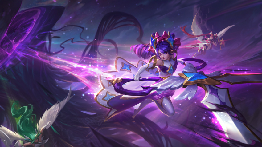 3girls artist_request bangs bare_shoulders black_thighhighs blue_eyes blurry blurry_background bow dress drill_hair elbow_gloves flying gloves green_hair gwen_(league_of_legends) hair_bow hair_ornament holding holding_scissors horns jinx_(league_of_legends) legends_of_runeterra long_hair monster multiple_girls night official_alternate_costume official_art outdoors red_bow red_hair scissors single_horn soraka_(league_of_legends) star_(symbol) star_guardian_(league_of_legends) star_guardian_gwen star_guardian_jinx star_guardian_soraka star_hair_ornament thighhighs twin_drills twintails white_dress white_gloves white_thighhighs wings