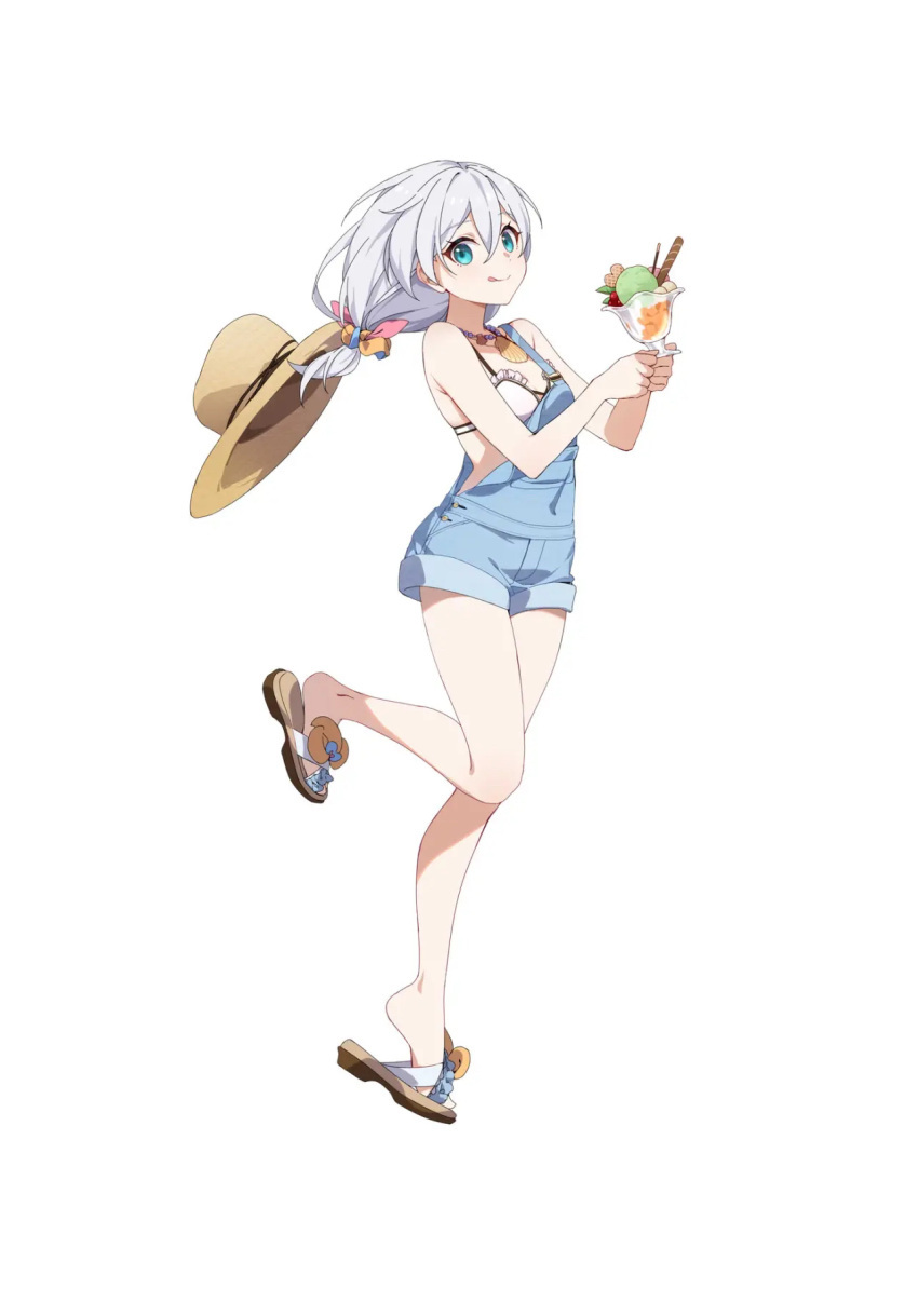 1girl bangs bare_shoulders bikini blue_eyes bow cup hair_between_eyes hat highres holding holding_cup honkai_(series) honkai_impact_3rd looking_at_viewer pink_bow sandals simple_background slyvia smile solo straw_hat swimsuit theresa_apocalypse white_hair