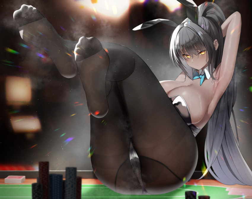1girl absurdres animal_ears arm_behind_head armpits ass bangs black_hair black_leotard black_pantyhose blue_archive blue_bow blue_bowtie blurry blurry_background bow bowtie breasts card cleavage crossed_legs dark-skinned_female dark_skin deck_of_cards detached_collar fake_animal_ears feet foot_focus foot_hold full_body furrowed_brow hair_between_eyes highres holding holding_card jewelry karin_(blue_archive) karin_(bunny)_(blue_archive) large_breasts legs_up leotard long_hair looking_at_viewer no_shoes official_alternate_costume on_table pantyhose playboy_bunny poker_chip poker_table ponytail rabbit_ears shiny shiny_skin sidelocks soles solo steaming_body strapless strapless_leotard sweat table thighs toe_ring toes traditional_bowtie ursica very_long_hair yellow_eyes