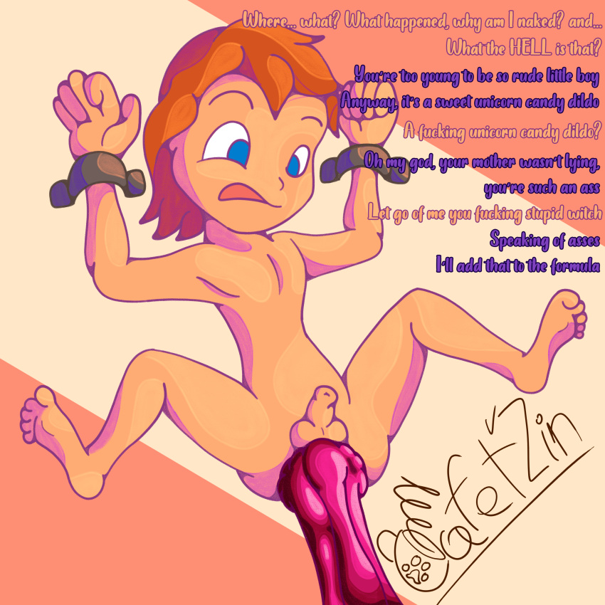 1:1 absurd_res animal_dildo animal_sex_toy balls barefoot big_dildo blue_eyes butt cafet'zin_(artist) candy child dessert dildo dirty_talk english_text equine_dildo feet flaccid food foreskin genitals hair hi_res human human_to_feral humanoid_genitalia humanoid_penis imminent_transformation magic male mammal nude offscreen_character orange_hair penis pink_dildo profanity sex_toy shaded signature simple_background simple_shading small_balls small_penis solo species_transformation spread_arms spread_legs spreading tan_body text transformation worried young