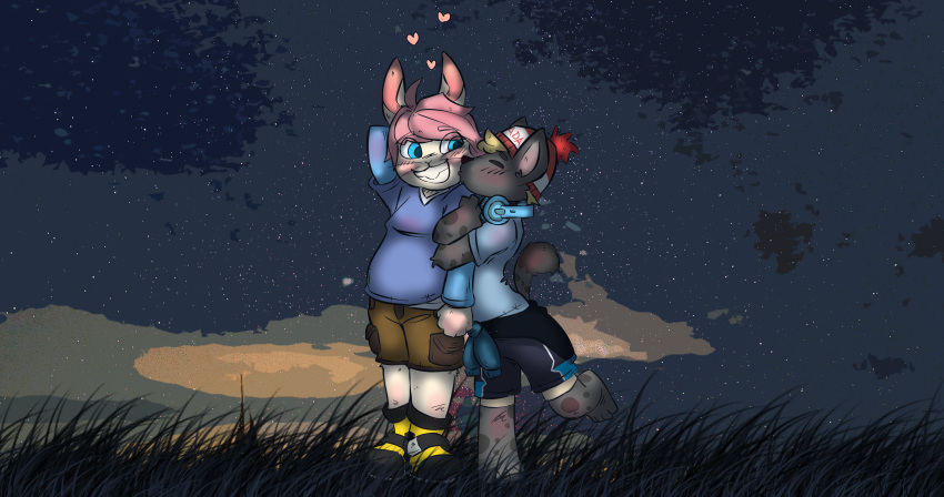 &lt;3 absurd_res ahoge anthro beanie blue_clothing blue_shirt blue_topwear blush bottomwear calahoo_(calahootheyeen) canadian cargo_shorts clothing cloud duo fields footwear grass hair hare hat headgear headphones headphones_around_neck headwear hi_res hyaenid joshie_(calahootheyeen) kissing kissing_cheek lagomorph layered_clothing leporid male male/male mammal night pink_hair plant rabbit shirt shoes shorts sky star starry_sky sweater topwear urbanfoxgamer