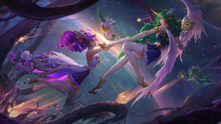 3girls armlet arms_up artist_request bangs blue_dress bow dress drill_hair elbow_gloves eye_contact flying frilled_dress frills from_side gloves green_hair green_skirt gwen_(league_of_legends) hair_bow hair_ornament high_heels holding holding_hands holding_staff legends_of_runeterra little_legend long_hair looking_at_another lulu_(league_of_legends) multiple_girls official_art planet red_bow sheep shoes skirt smile soraka_(league_of_legends) space staff star_(symbol) star_guardian_(league_of_legends) star_guardian_gwen star_guardian_lulu star_guardian_soraka star_hair_ornament thighhighs twin_drills twintails white_dress white_gloves white_thighhighs wings yordle