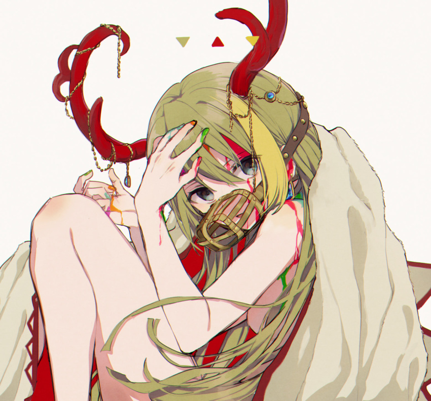1girl alina_gray antlers aqua_eyes blonde_hair blood blood_on_arm blood_on_chest blood_on_face blood_on_hands blue_gemstone boyano cape chain eyes_visible_through_hair feet_out_of_frame from_side gem green_blood green_hair hair_between_eyes hand_on_own_head highres holy_alina horns long_hair looking_at_viewer magia_record:_mahou_shoujo_madoka_magica_gaiden mahou_shoujo_madoka_magica multicolored_blood multicolored_hair multicolored_nails muzzle naked_cape nude parted_lips red_cape red_horns sidelocks simple_background sitting solo streaked_hair triangle two-sided_cape two-sided_fabric very_long_hair white_background white_cape