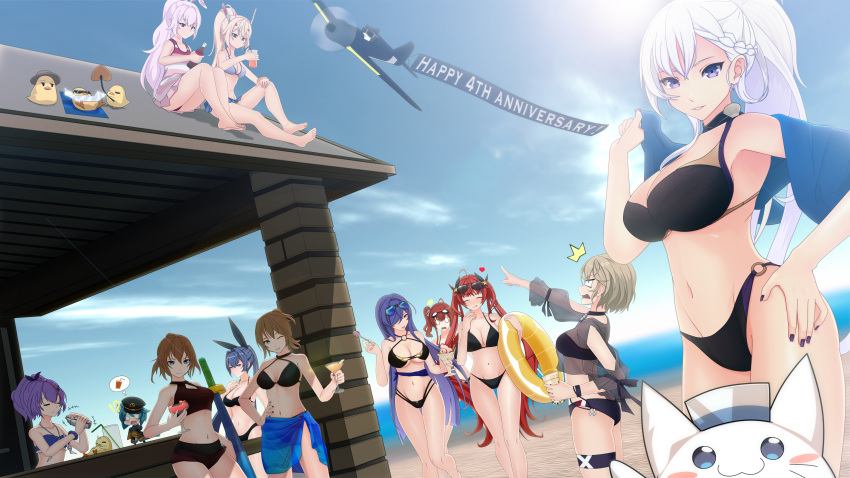 ! !? 6+girls absurdres aircraft airplane alternate_costume angry animal_ears anniversary ass azur_lane bartender beach belfast_(azur_lane) bikini black_bikini black_choker black_headwear black_jacket black_nails black_ribbon blue_bikini blue_eyes blue_sarong blue_sky bottle braid breasts brown_hair cat_ears choker cleavage cleavage_cutout closed_eyes clothing_cutout coca-cola cocktail_shaker cross cup dutch_angle en_go_(kuro_nigiri) english_commentary eyewear_on_head fake_animal_ears food french_braid goggles goggles_on_head green_hair hair_ribbon hand_on_hip hat headgear heart high_ponytail highres holding holding_bottle holding_cup holding_innertube holding_spoon honolulu_(azur_lane) honolulu_(summer_accident?!)_(azur_lane) ice_cream innertube iron_cross italian_flag jacket javelin_(azur_lane) javelin_(beach_picnic!)_(azur_lane) laffey_(azur_lane) large_breasts light_brown_hair light_purple_hair long_hair looking_at_viewer looking_away manjuu_(azur_lane) medium_breasts medium_hair meowfficer_(azur_lane) microskirt military_hat mirror multi-strapped_bikini multiple_girls nail_polish navel new_jersey_(azur_lane) o-ring o-ring_bikini o-ring_bottom ocean official_alternate_costume one-piece_swimsuit one_eye_closed open_mouth orange_juice parfait peaked_cap pilot pleated_skirt pointing pointing_at_another purple_eyes purple_hair rabbit_ears red_hair renown_(azur_lane) repulse_(azur_lane) ribbon sand sarong see-through see-through_shirt shaking sheath sheathed side_ponytail sitting_on_roof skirt sky small_breasts speech_bubble spoon standing steel_(azur_lane) striped striped_swimsuit sun sunbathing sunglasses surprised swimsuit tearing_up thigh_strap trento_(azur_lane) trento_(summer's_hotness?)_(azur_lane) twintails vehicle_request very_long_hair walking whipped_cream white_hair wide-eyed yellow_innertube z23_(azur_lane) z23_(breezy_doubles)_(azur_lane) zara_(azur_lane) zara_(poolside_coincidence)_(azur_lane)