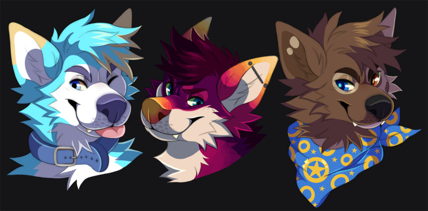 anthro black_background black_nose blep blonde_hair blue_body blue_collar blue_ears blue_eyes blue_fur blue_hair blue_kerchief blue_neckerchief blue_nose brown_body brown_ears brown_fur brown_hair brown_inner_ear brown_inner_ear_fluff canid cheek_tuft collar facial_tuft fangs front_view fur glistening glistening_eyes hair headshot_portrait heterochromia inner_ear_fluff kerchief male mammal multicolored_hair multicolored_kerchief multicolored_neckerchief multiple_images neck_tuft neckerchief one_eye_closed orange_body orange_ears orange_eyes orange_fur orange_nose pink_tongue portrait princelykaden purple_body purple_ears purple_fur purple_hair simple_background smile solo tan_body tan_fur tan_inner_ear tan_inner_ear_fluff tan_teeth tongue tongue_out tuft two_tone_hair two_tone_kerchief two_tone_neckerchief white_body white_fur white_inner_ear white_inner_ear_fluff yellow_body yellow_ears yellow_fur yellow_kerchief yellow_neckerchief