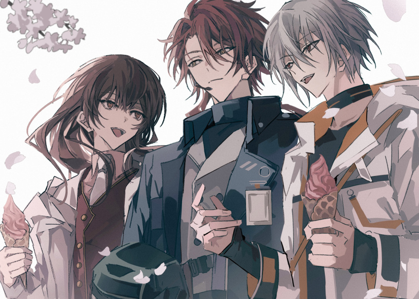 1girl 2boys akira_(female)_(mahoutsukai_no_yakusoku) brown_eyes brown_hair cain_knightley food grey_hair highres holding holding_food ice_cream krank long_hair mahoutsukai_no_yakusoku multiple_boys owen_(mahoutsukai_no_yakusoku) red_eyes red_hair short_hair white_background yellow_eyes