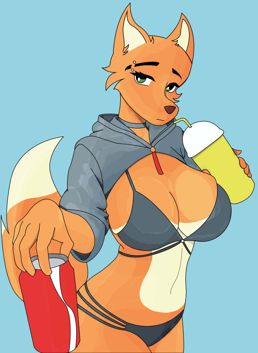 absurd_res anthro beverage beverage_can big_breasts bikini breasts can canid canine clothed clothing coca-cola coke container dersiartx diane_foxington digital_media_(artwork) dreamworks eyebrow_piercing facial_piercing female fingers fox fur hi_res holding_beverage holding_object jacket looking_at_viewer mammal open_clothing open_jacket open_topwear orange_body orange_fur outside piercing simple_background soda solo standing swimwear the_bad_guys topwear underwear