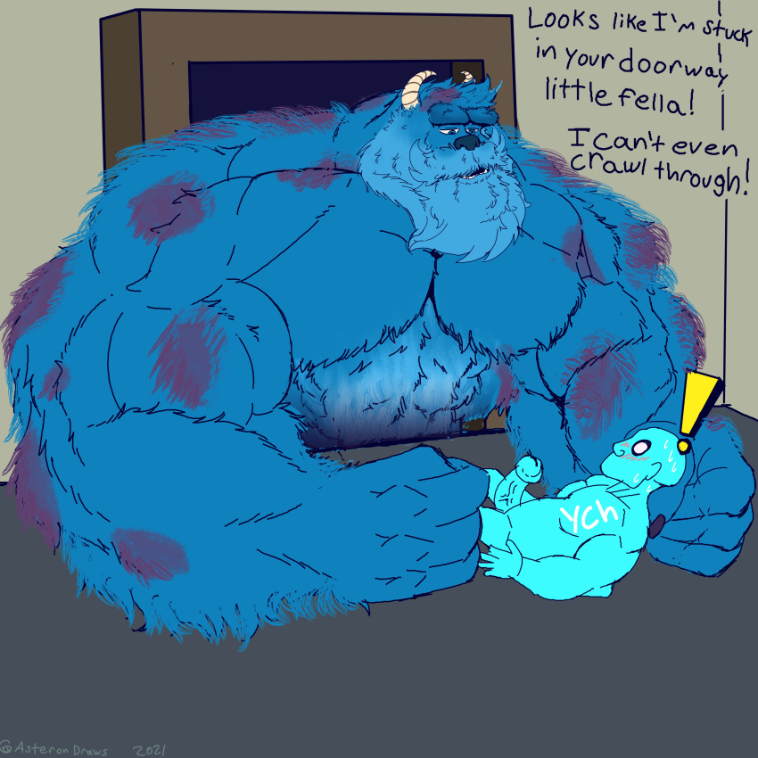 1:1 absurd_res beard big_muscles blue_body blue_fur blush disney duo english_text erection exclamation_point facial_hair fur genitals hi_res horn human long_beard male male/male mammal monster monsters_inc muscular mustache penis pixar pokenerd8 size_difference stuck sulley text ych_(character)