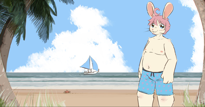 ahoge anthro arthropod bangs beach belly boat buckteeth clothing cloud crab crustacean decapoda grass hair hare joshie_(calahootheyeen) lagomorph leporid malacostracan male mammal marine moobs nipples overweight overweight_male palm_tree pattern_clothing plant rabbit sailing_boat sailing_watercraft sand sea seaside slightly_chubby solo swimming_trunks swimwear teeth tree urbanfoxgamer vehicle water watercraft whiskers