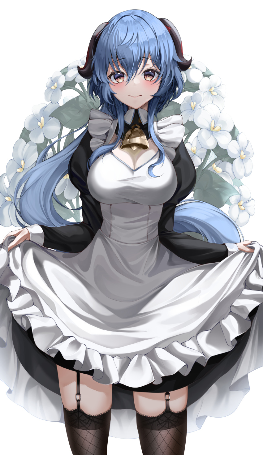 1girl absurdres alternate_costume bangs bell black_thighhighs blue_hair blush breasts cleavage cleavage_cutout clothes_lift clothing_cutout enmaided flower ganyu_(genshin_impact) garter_straps genshin_impact highres horns large_breasts lifted_by_self long_hair looking_at_viewer maid neck_bell purple_eyes qingxin_flower rapi_(zx4748) sidelocks skindentation skirt skirt_lift solo standing thighhighs thighs white_background white_flower