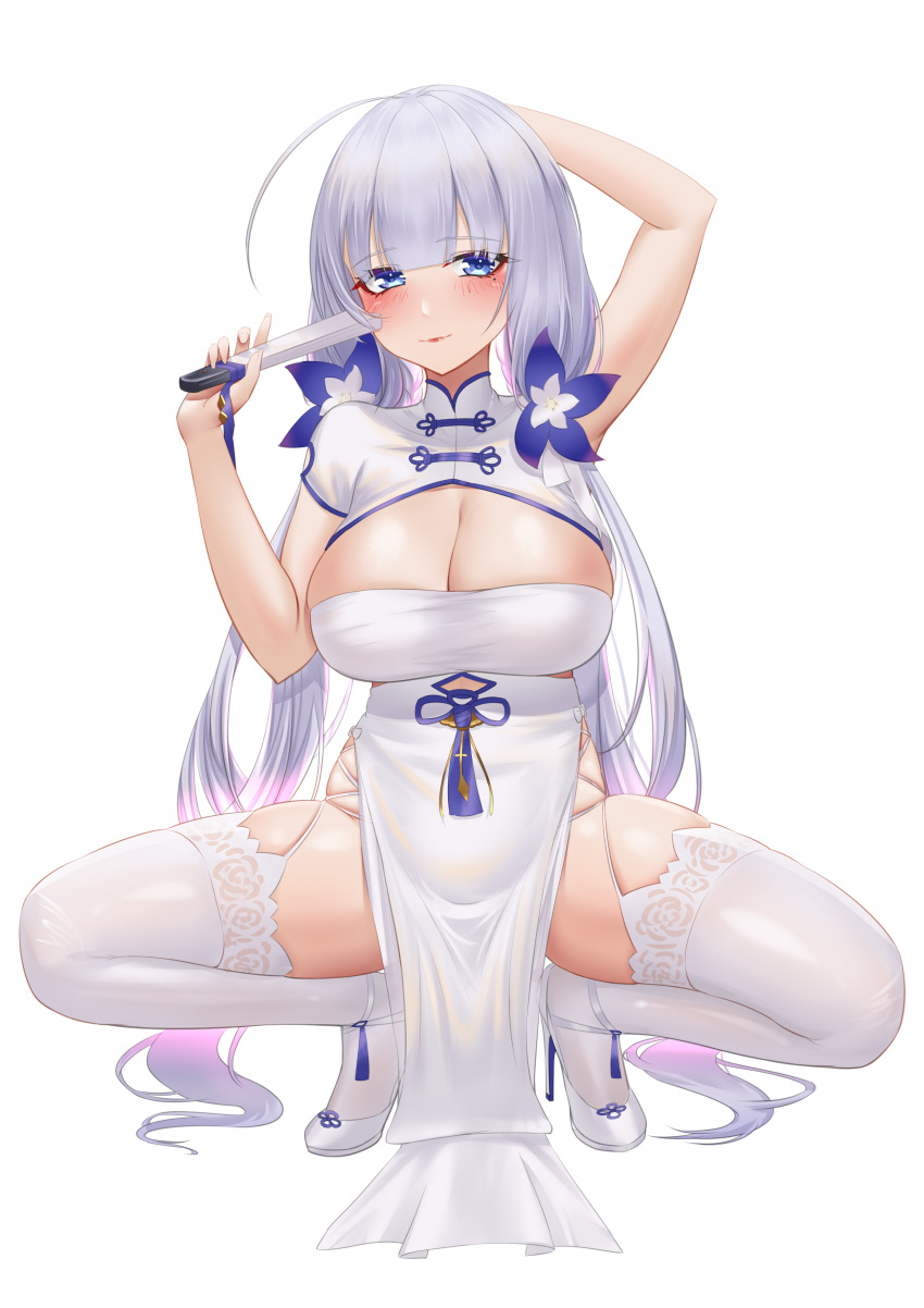 1girl absurdres arm_up azur_lane blue_eyes breasts china_dress chinese_clothes cleavage cutout_above_navel dress flower folded_fan folding_fan framed_breasts hair_flower hair_ornament hand_fan high_heels highres holding holding_fan huge_breasts ichikushi_mojibake illustrious_(azur_lane) illustrious_(maiden_lily's_radiance)_(azur_lane) long_hair looking_at_viewer official_alternate_costume pelvic_curtain purple_flower short_sleeves simple_background solo spread_legs squatting stiletto_heels thighhighs tri_tails very_long_hair white_background white_dress white_footwear white_garter_straps white_thighhighs