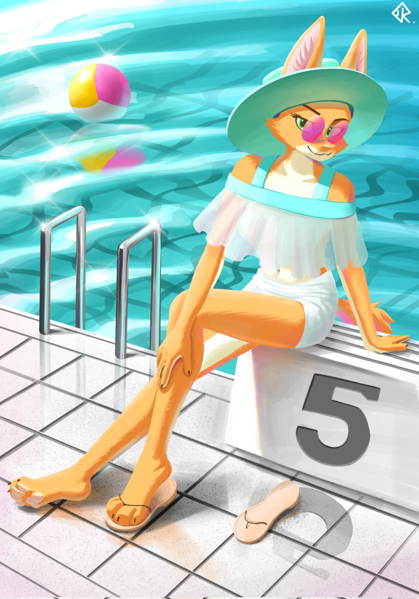 anthro ball barefoot bottomwear breasts canid canine canis clothed clothing crop_top diane_foxington digital_media_(artwork) dreamworks eyebrow_piercing eyewear facial_piercing featureless_breasts feet female fingers footwear fox fur glasses hand_on_leg handrail hat headgear headwear hi_res inflatable looking_at_viewer mammal midriff navel orange_body orange_fur piercing pink_eyewear pink_glasses pool_toy reise sandals shirt shorts sitting smile solo swimming_pool swimwear the_bad_guys topwear translucent translucent_clothing translucent_topwear water