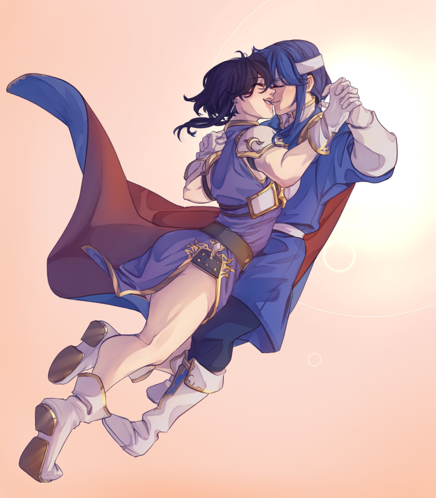 1boy 1girl :d absurdres black_hair blue_hair cape closed_eyes commission commissioner_upload couple falling fire_emblem fire_emblem:_genealogy_of_the_holy_war fire_emblem_heroes headband highres holding_hands hug iaurencin interlocked_fingers larcei_(fire_emblem) open_mouth seliph_(fire_emblem) short_hair simple_background smile white_footwear