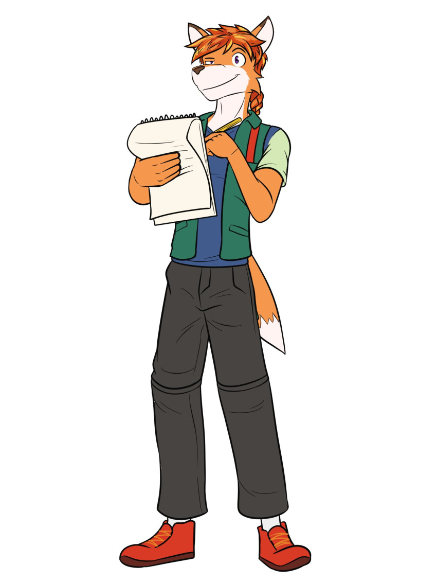 alternate_species anthro bottomwear canid canine clothed clothing crossgender footwear fox ftm_crossgender full-length_portrait fully_clothed furrification fuze hi_res leah_(stardew_valley) male mammal pants portrait shirt shoes simple_background sketchbook solo stardew_valley topwear white_background
