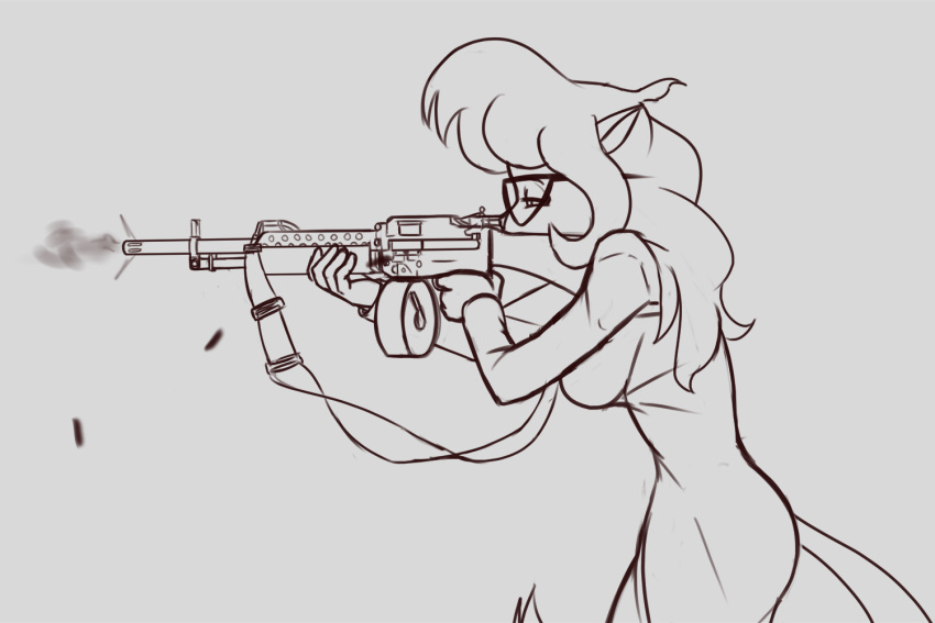 2022 3:2 anthro big_breasts breasts callie_briggs callmewritefag clothed clothing digital_drawing_(artwork) digital_media_(artwork) domestic_cat eyewear felid feline felis female fur glasses gun hair hanna-barbera holding_object holding_weapon letterbox mammal monochrome ranged_weapon shooting simple_background sketch solo swat_kats weapon