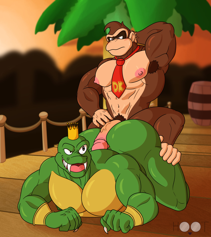 abs absurd_res anthro ape armpit_hair belly big_butt blush body_hair butt claws crocodile crocodilian crocodylid crown dg254 digital_media_(artwork) donkey_kong_(character) donkey_kong_(series) duo erection fur genitals gorilla hair haplorhine hi_res hot_dogging humanoid_genitalia jungle king_k._rool kremling male male/male mammal muscular muscular_anthro muscular_male necktie nintendo nipples nude open_mouth pecs penis primate reptile scalie sharp_teeth smile solo super_smash_bros. teeth video_games